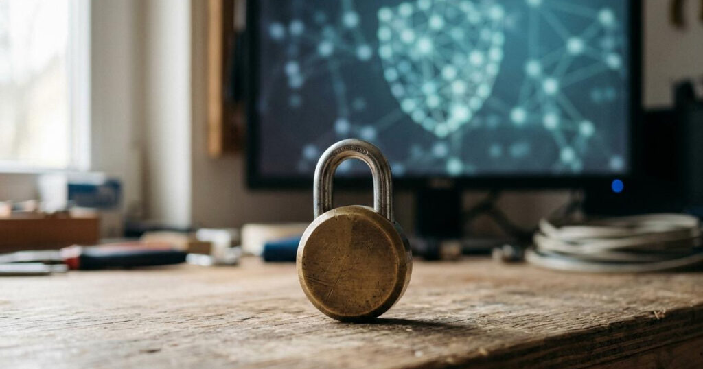 Stilisiertes Vorhängeschloss vor einem leuchtenden digitalen Sicherheitsnetzwerk in Blautönen