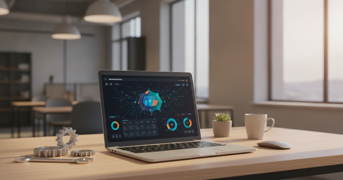 Aufgeräumter Schreibtisch mit Laptop, auf dem Bildschirm ein Wartungs-Dashboard, daneben Schraubenschlüssel und Zahnräder