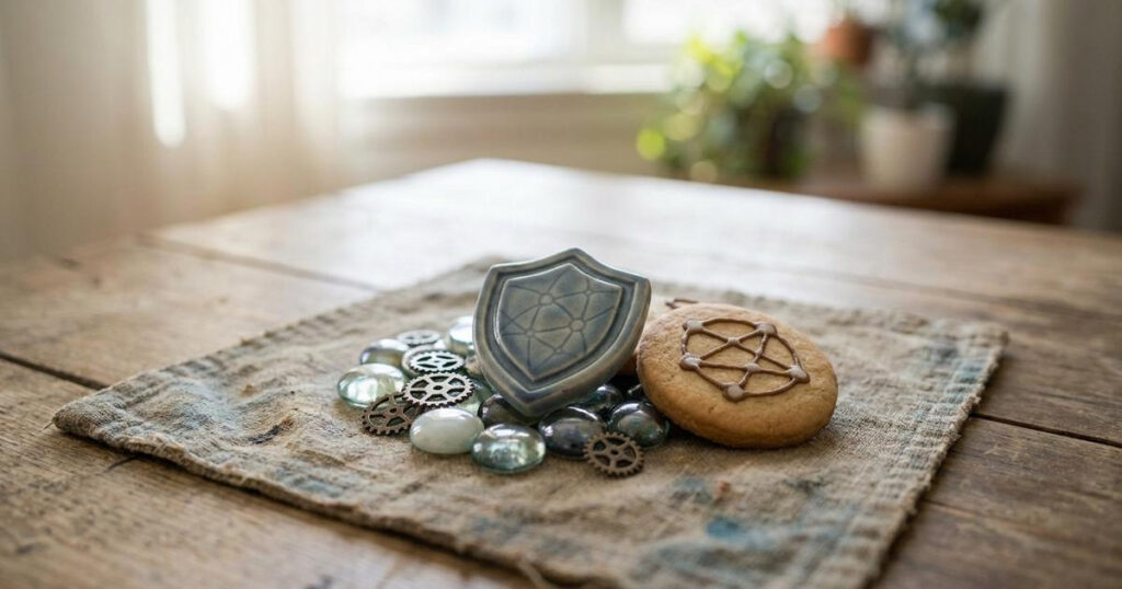 Stilisiertes Schutzschild über vernetzten Datenpunkten und einem Cookie-Symbol als Sinnbild für Datenschutz auf Websites