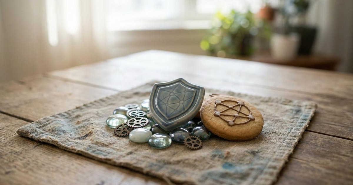 Stilisiertes Schutzschild über vernetzten Datenpunkten und einem Cookie-Symbol als Sinnbild für Datenschutz auf Websites