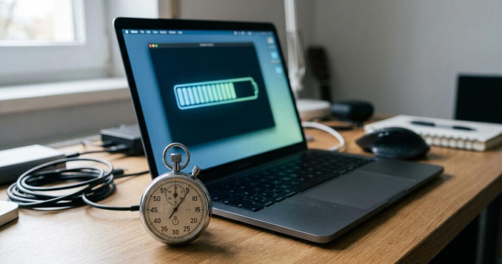 Stoppuhr neben einem Laptop mit Ladebalken als Symbol für Website-Ladezeit und Performance