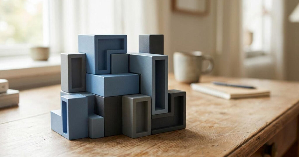 Modulare Blockbausteine in Blau- und Grautönen als Symbol für einen visuellen Website-Editor
